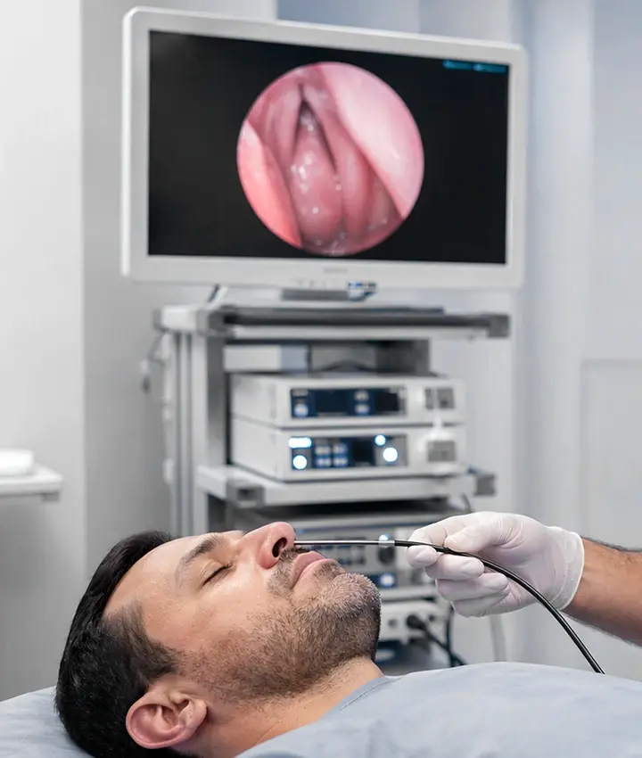 Exame de nasofibroscopia com endoscópio flexível e imagem ampliada das estruturas nasais em monitor