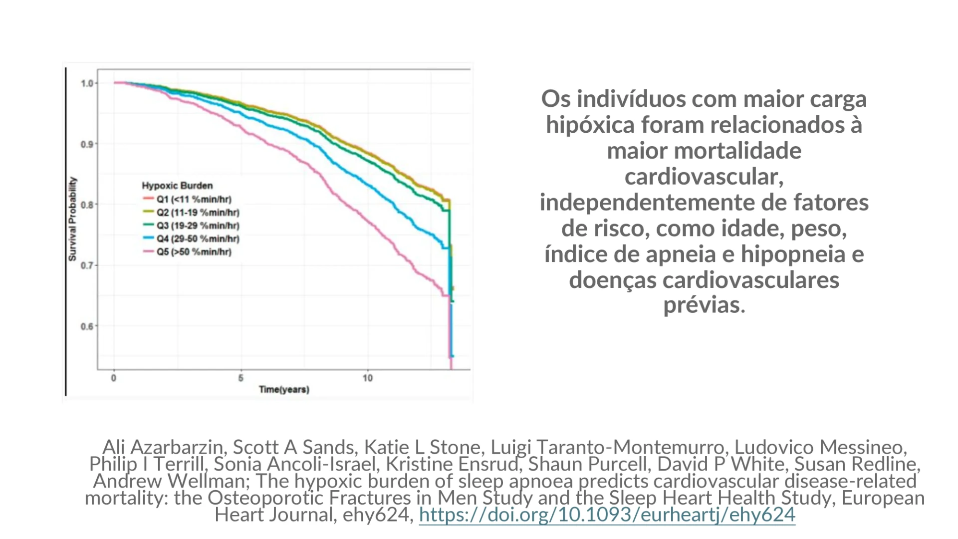 Gráfico de sobrevida por quintis de carga hipóxica mostrando menor sobrevida no grupo com maior carga hipóxica