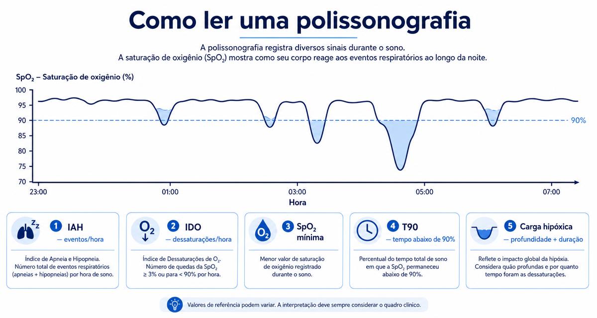 Infográfico mostrando IAH, IDO, T90, saturação de oxigênio e carga hipóxica na polissonografia